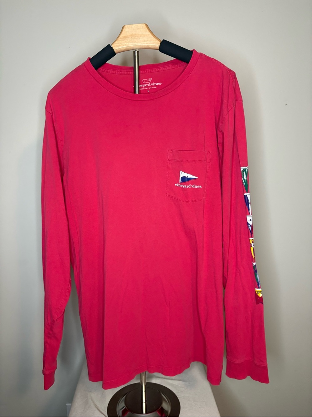Vineyard Vines Men's Long-Sleeve Pocket Tee - Bright Red with Sleeve Flags